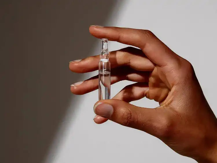 Hand holding a clear glass ampule.